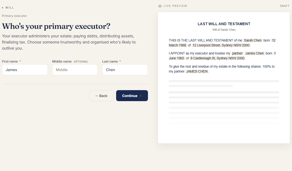 The JB Solicitors online will, drafting in real time as you answer the questions